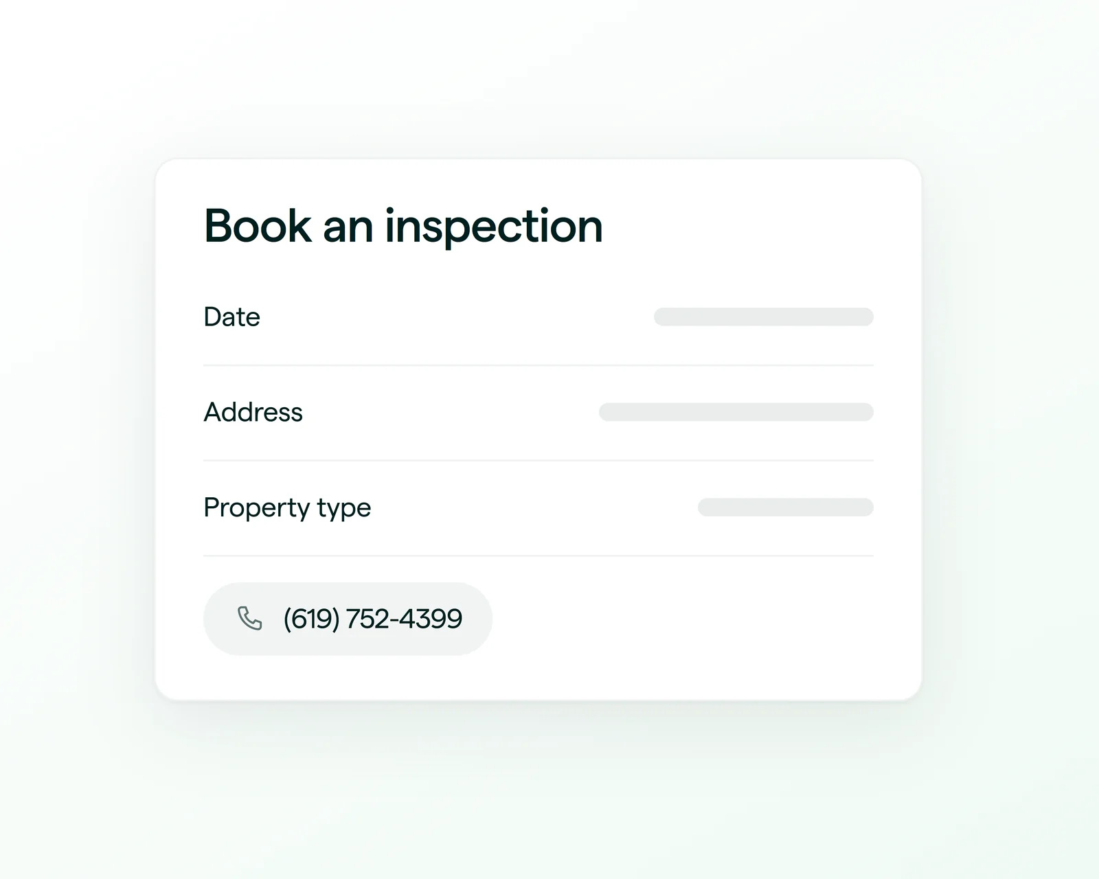 Booking form for a San Diego home inspection, showing date, address and property type