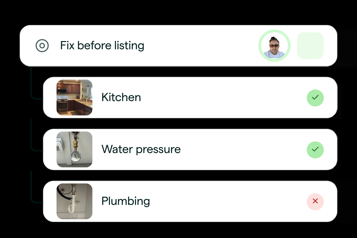 Pre-listing repair checklist flagging kitchen and water heater items to fix before listing