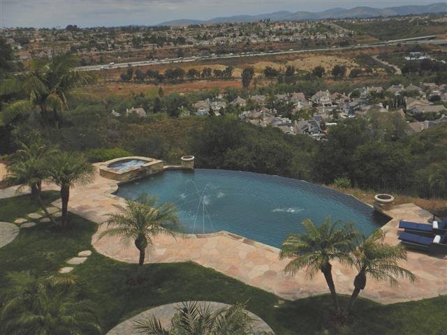 Aerial view of a freeform swimming pool and raised spa surrounded by palm trees on a hillside property