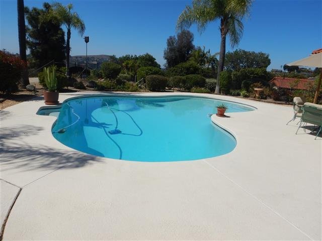 Freeform kidney-shaped swimming pool with turquoise water, palm trees, and a distant hillside view on a sunny day